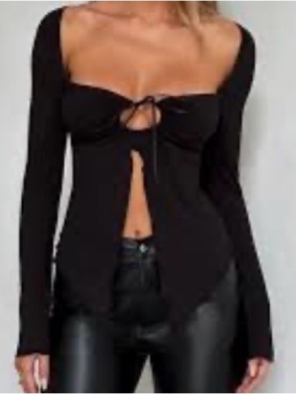 Tiger Mist Long Sleeve Black Cutout Front Tie Women's Top